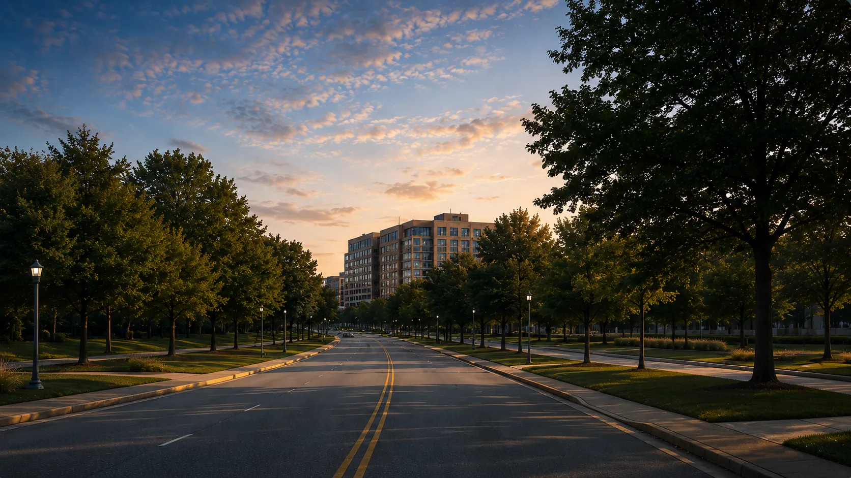 Tree-lined road leading to an FDA campus at dusk